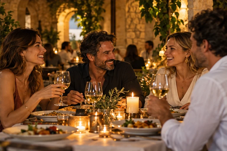 Friends sharing a candlelit restaurant dinner