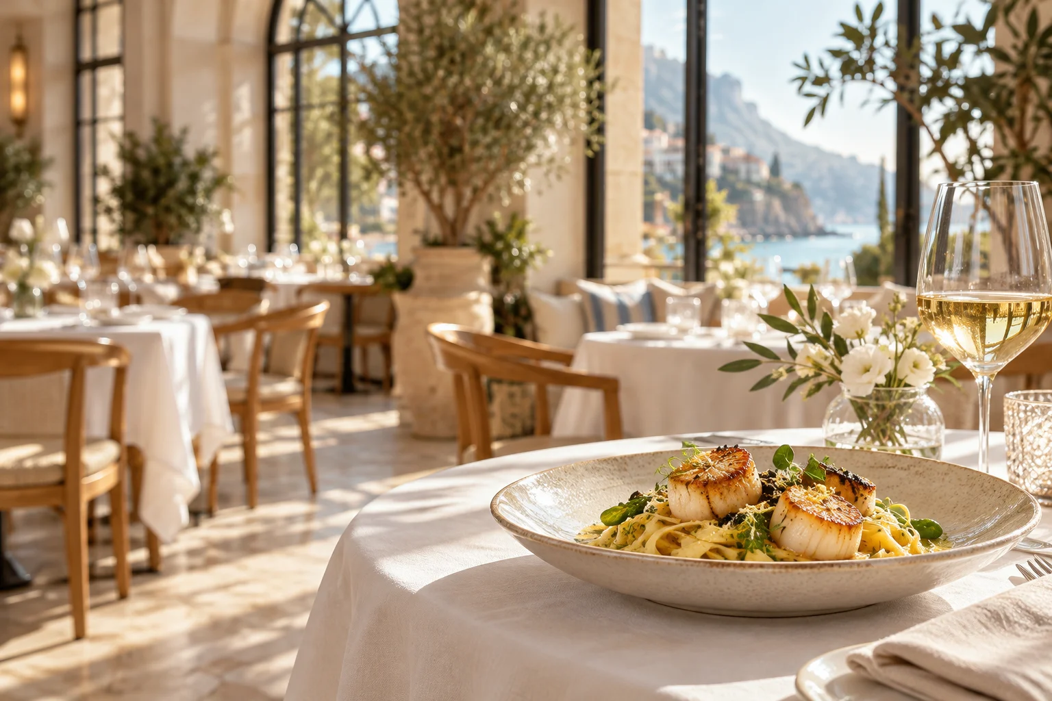 Sunlit restaurant table with fresh pasta, flowers and a wine glass
